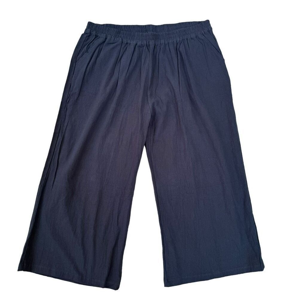 Ecupper Pants 2XL Navy Blue Cotton Wide Leg Crop Pull On Pockets Lagenlook